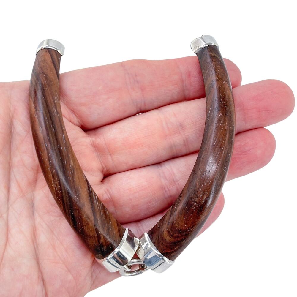 Vintage Sterling Silver 925 Brown Wood Collar Necklace 15"